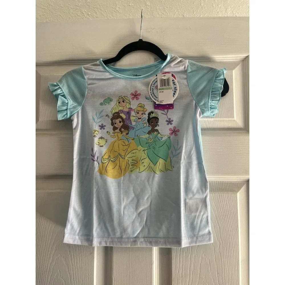 Disney Princess Girls 3-Piece Pajama Set Top Shorts Pants Pink Blue Size 8 NWT